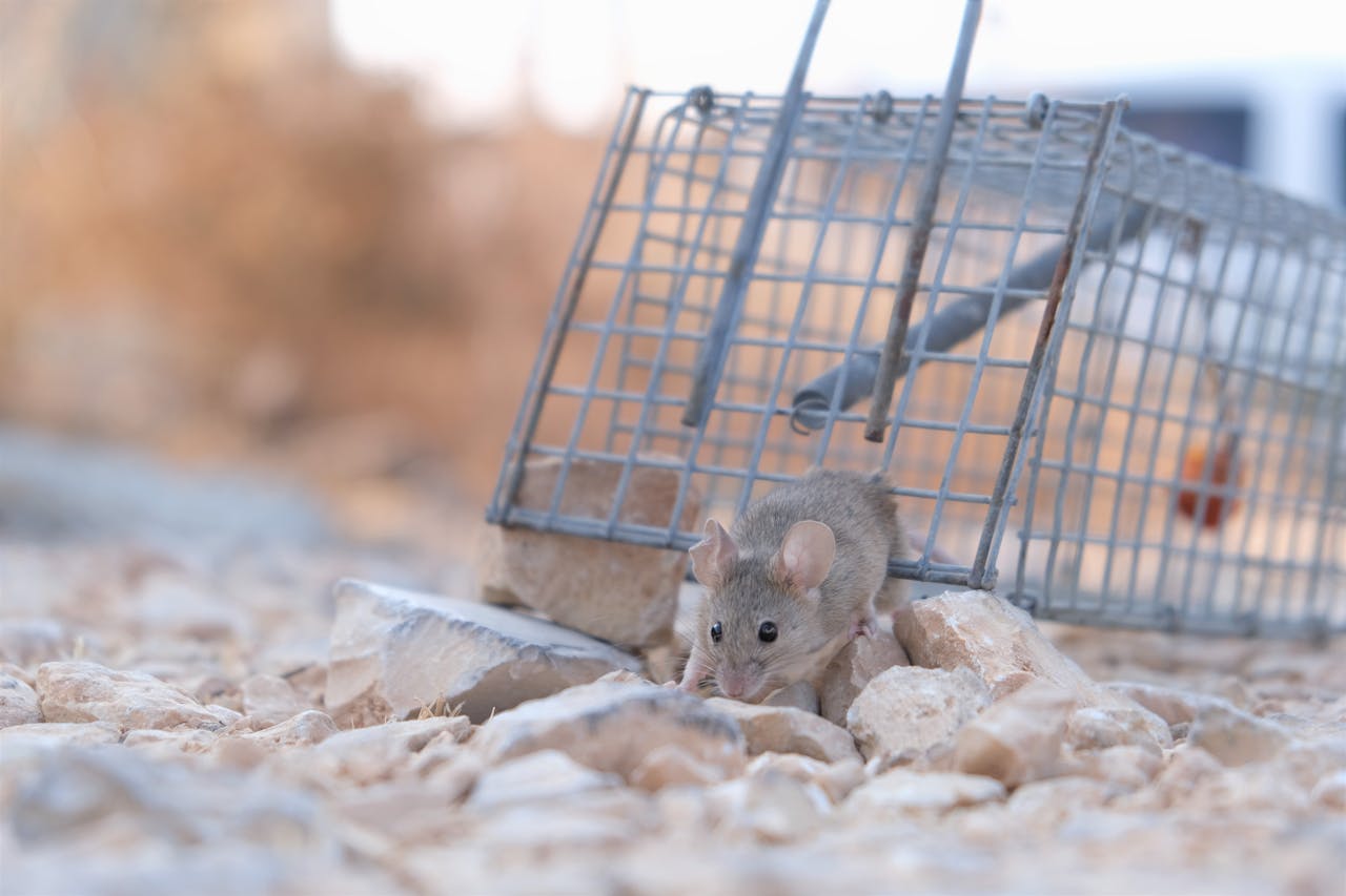 A small mouse escaping a metal trap on a rocky surface, showcasing its agility and survival instinct.